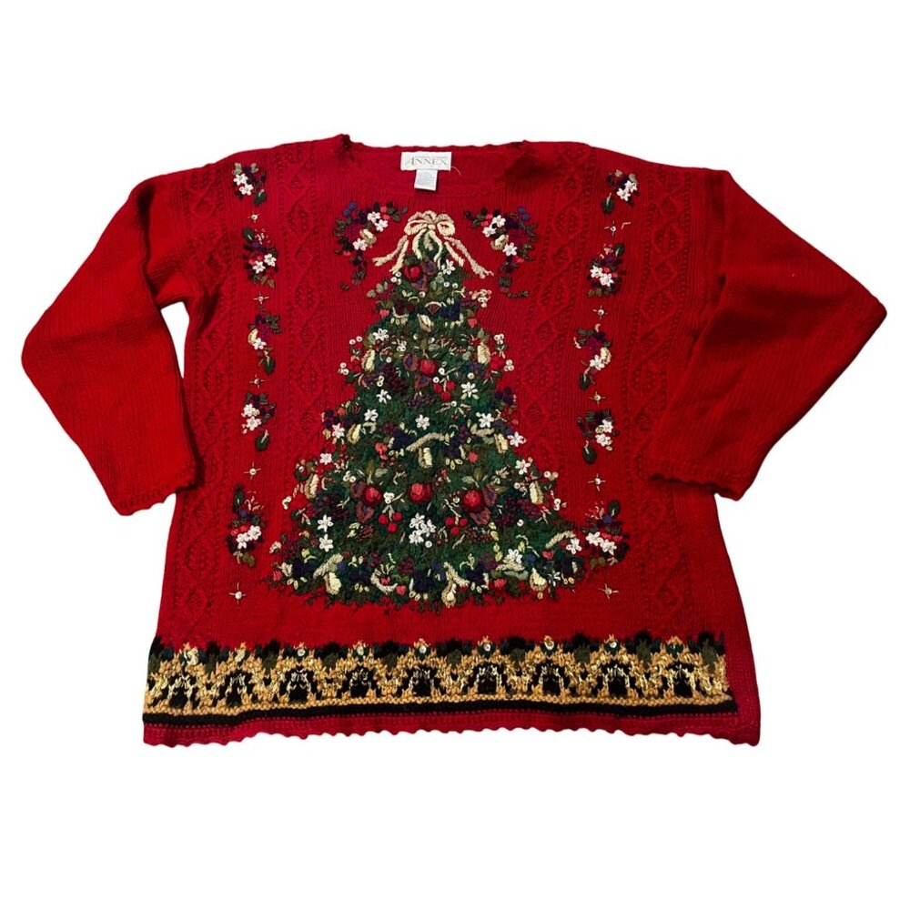 VTG  Casual Corner Annex Heavily Embroidered Christmas Tree Sweater Red L